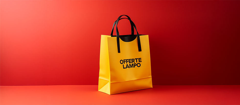 Borsa gialla con scritta 'Offerte Lampo' su sfondo rosso, promozione speciale Vicode.