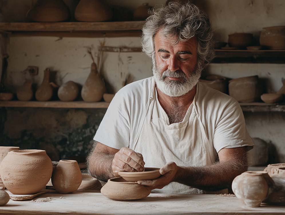 Artigiano al lavoro in un laboratorio di ceramica, modellando un vaso fatto a mano.