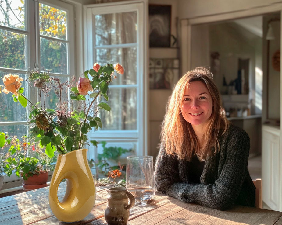 Sophie Dubois seduta a un tavolo con un vaso giallo e fiori freschi in una stanza accogliente con luce naturale.