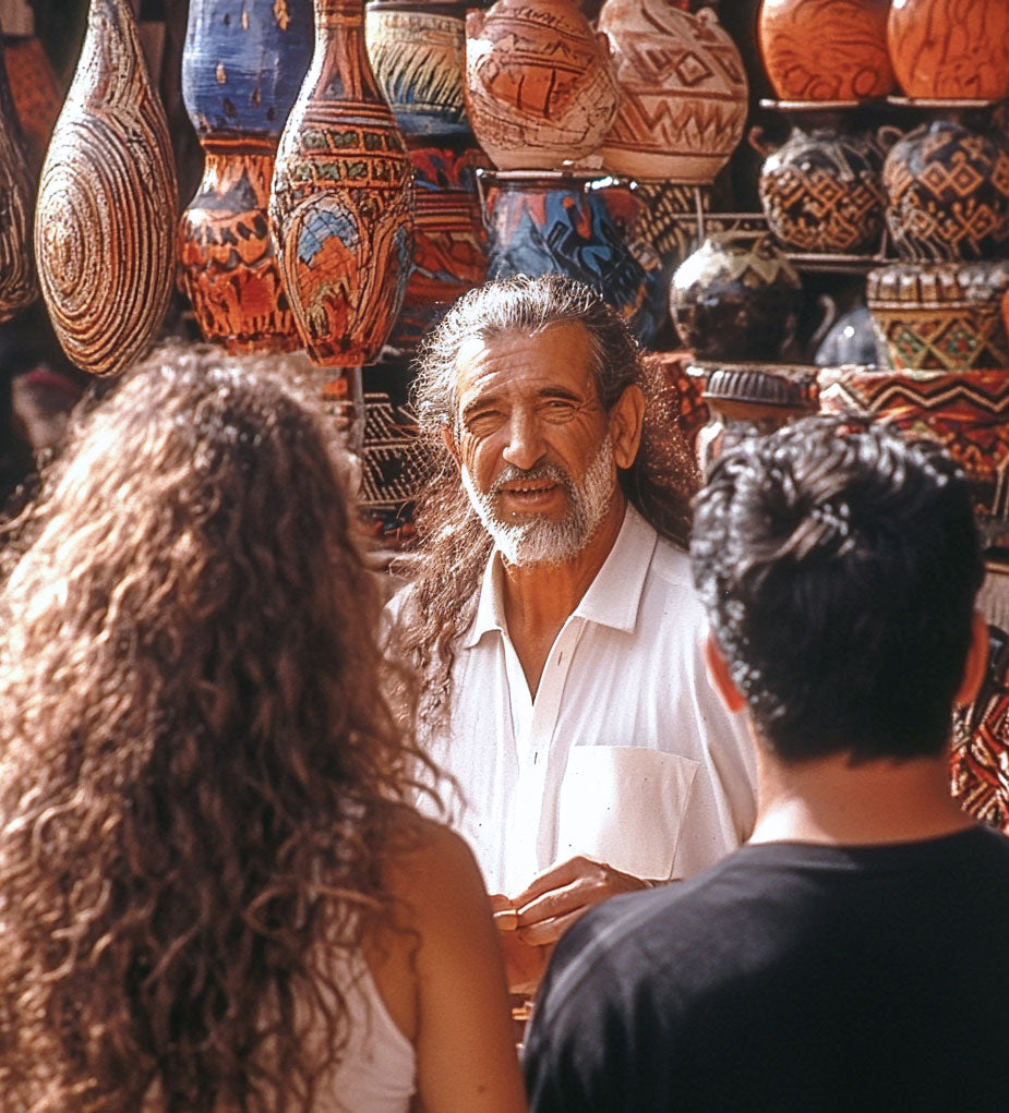 Mercante affascinante con capelli lunghi e barba che conversa con una coppia vista di spalle in un mercato artigianale, circondato da ceramiche tradizionali e oggetti colorati. Scena autentica e luminosa, catturata in un ambiente ricco di cultura